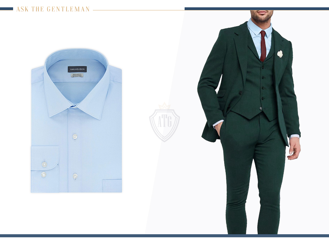 How to wear a green suit with a light blue dress shirt