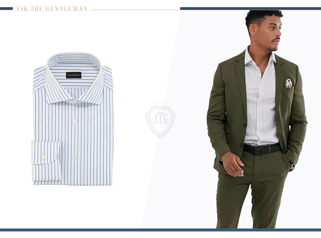 How to wear a green suit with a striped dress shirt