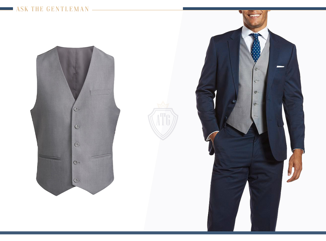 Navy blue tux shop with grey vest