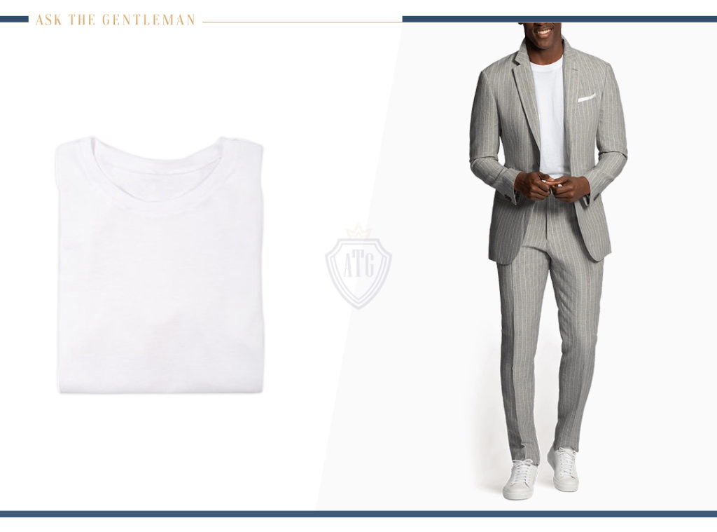 How to wear a light grey pinstripe suit with a white t-shirt