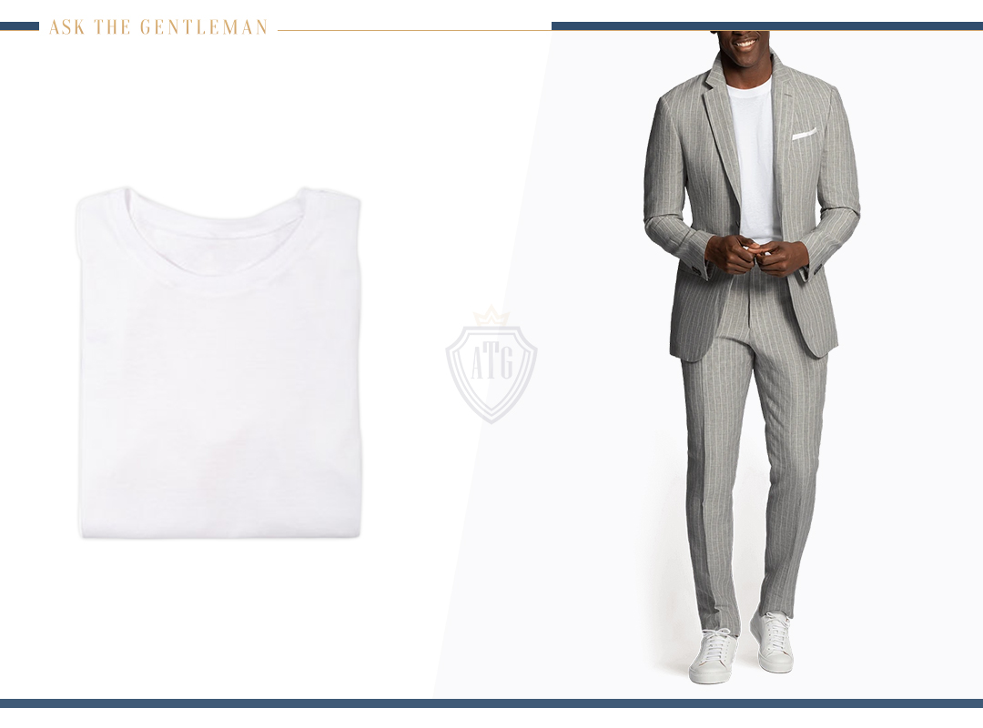 how to wear a light grey pinstripe suit with a white t-shirt