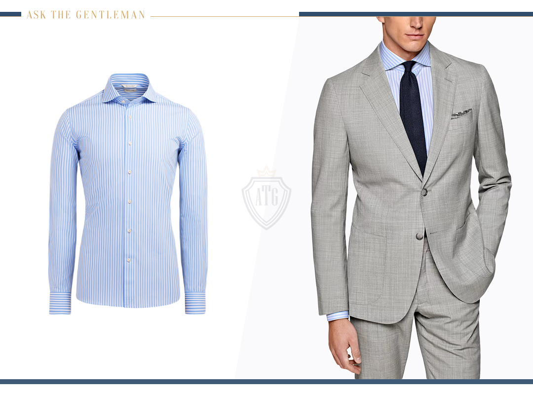 How to wear a light-grey suit with a blue patterned dress shirt
