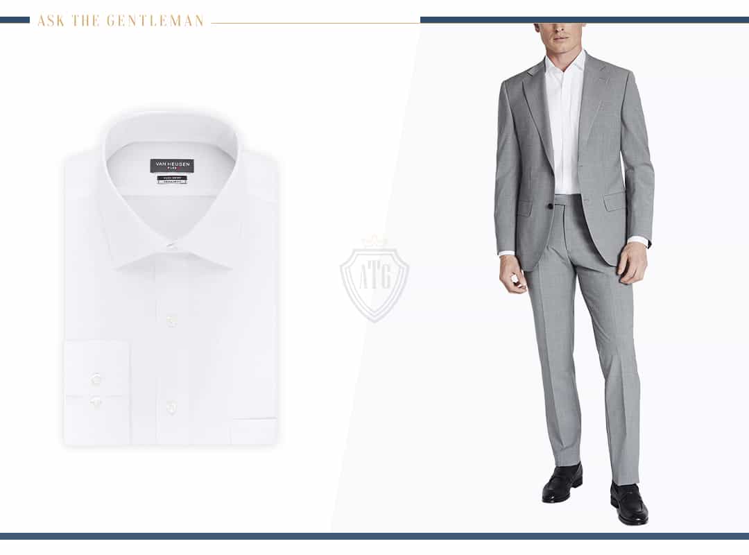 How to wear a light gret suit with a white dress shirt