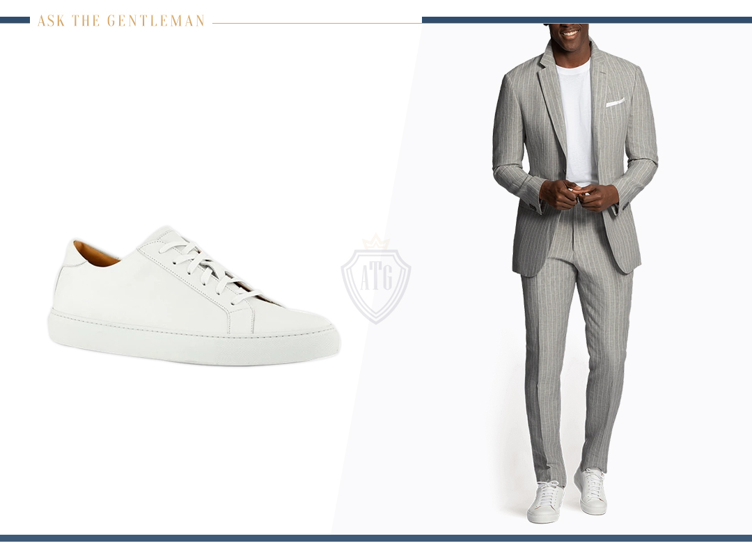 How to wear a light grey suit and white t-shirt with white sneakers