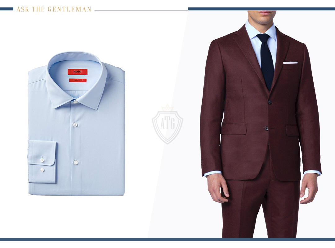 How to wear a maroon suit with a light blue shirt