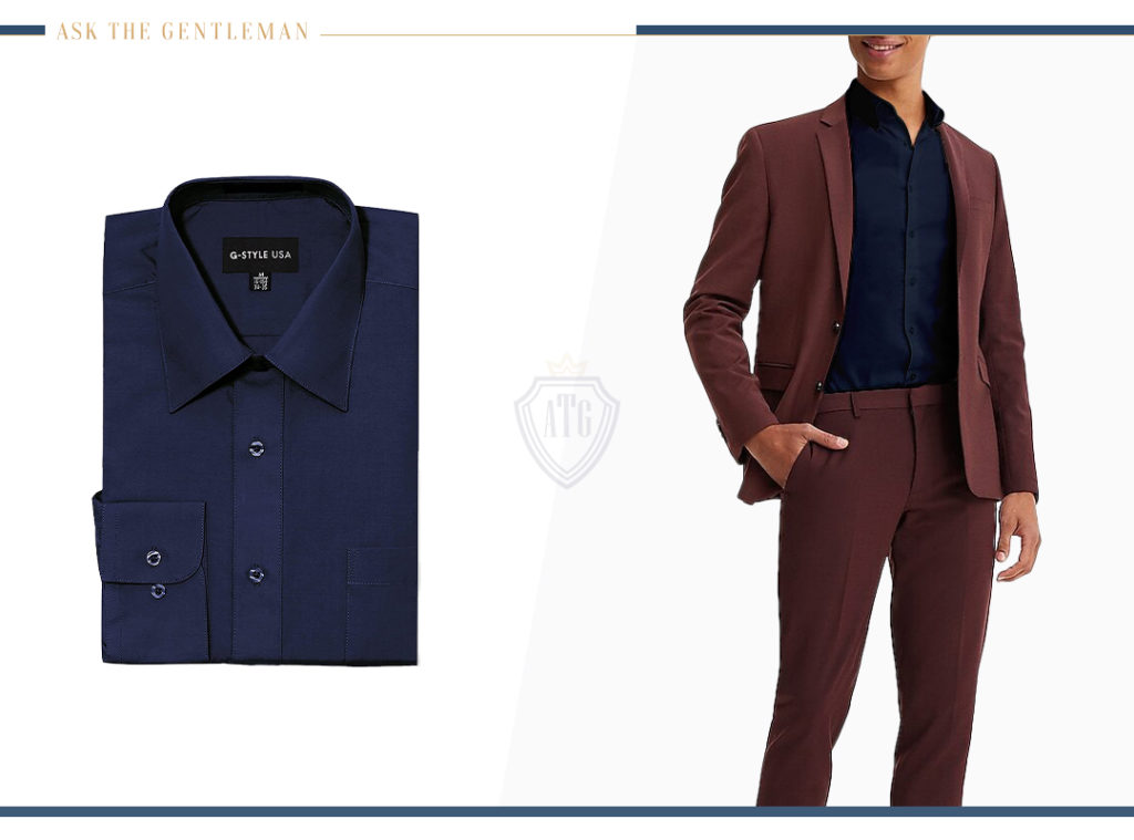 How to wear a maroon suit with a navy shirt
