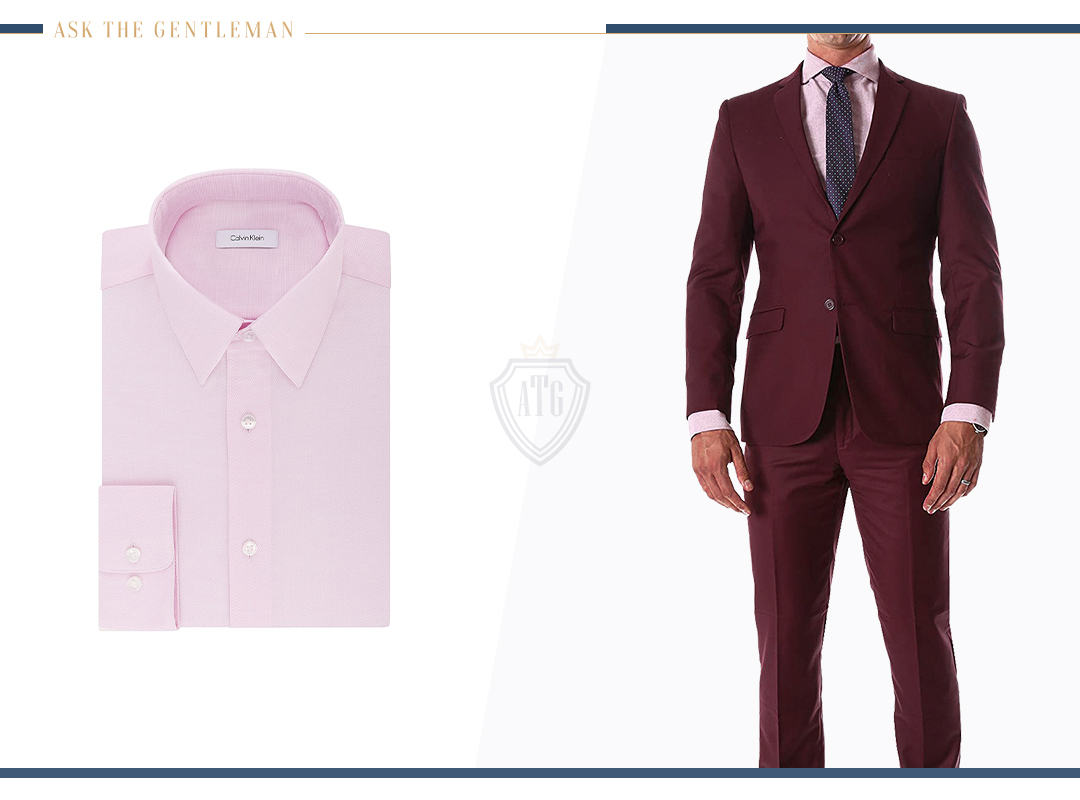 Burgundy suit hot sale pink shirt