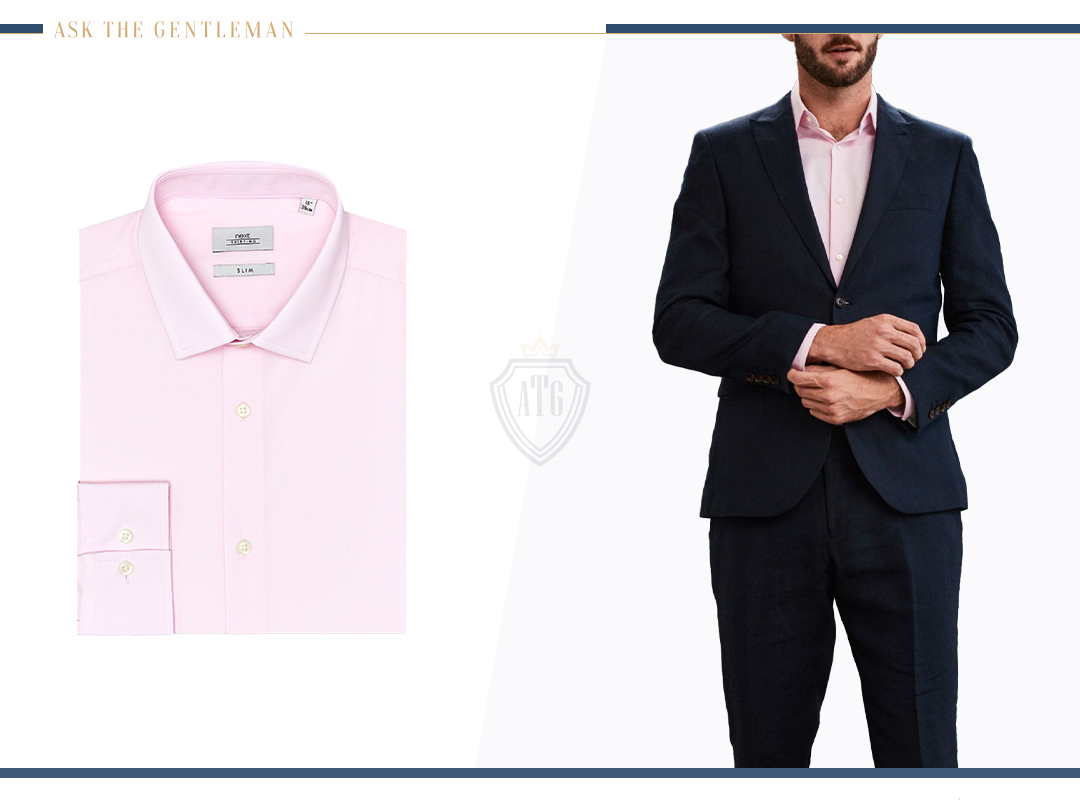 How to wear a midnight blue suit with a light pink shirt formally