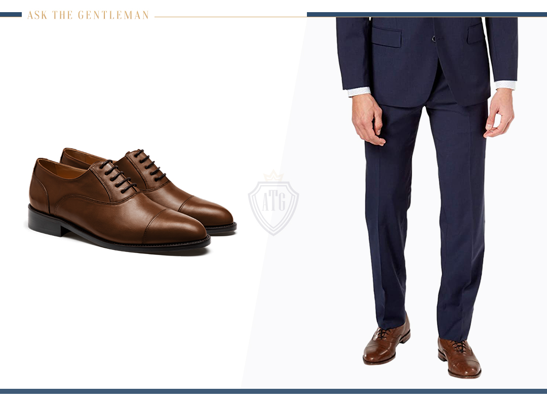 How to wear a navy blue suit with brown Oxford shoes