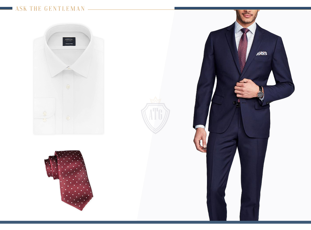 How to wear a navy suit with a burgundy tie and white shirt