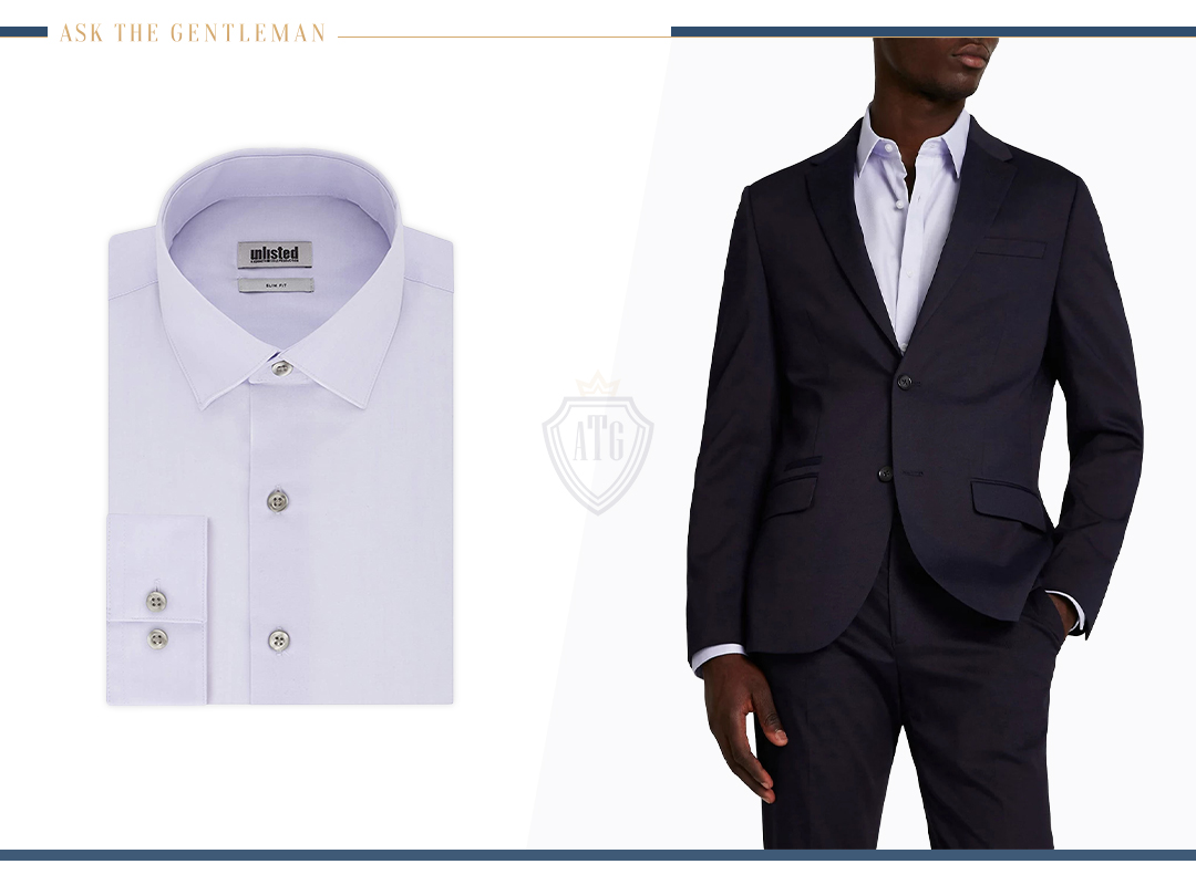 How to wear a navy suit with a lilac dress shirt