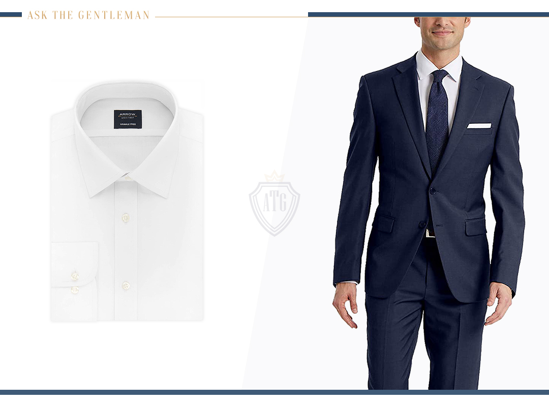 Navy blue suit store with white shirt