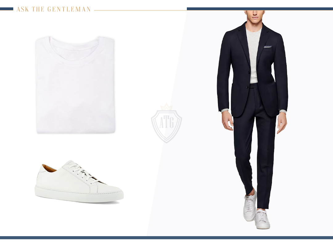 Navy suit with a white t-shirt and white sneakers