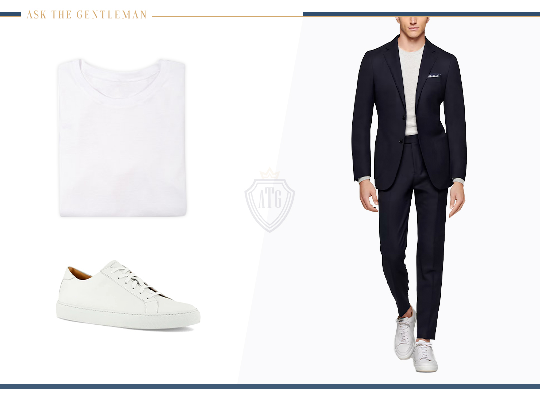 Navy suit best sale white sneakers