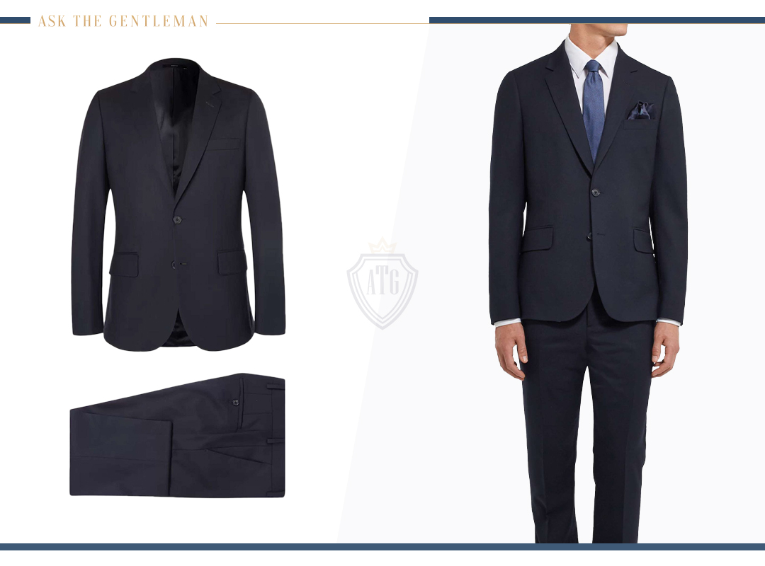 How to wear a navy wool slim-fit suit with a notch lapel