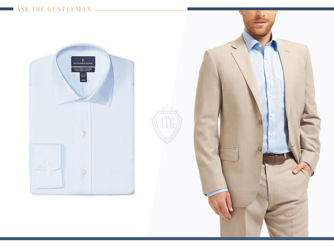 How to wear a tan suit with a light blue dress shirt
