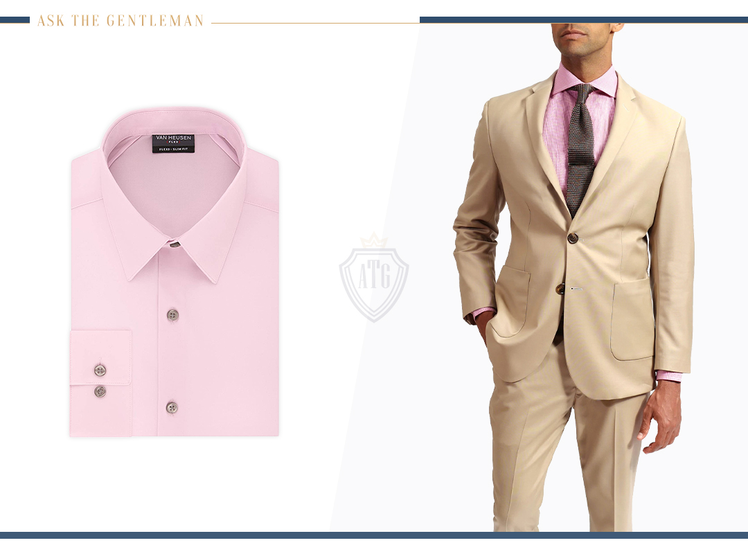 How to wear a tan suit with a light pink dress shirt