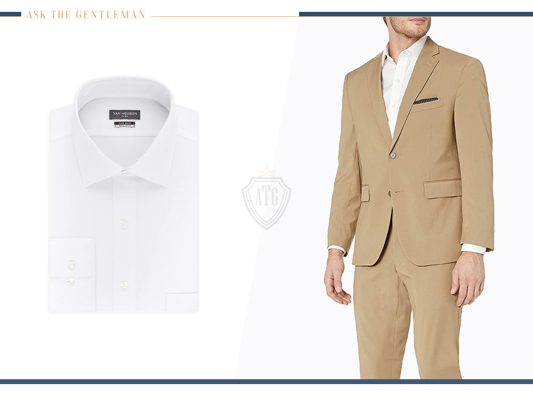 How to wear a tan suit with a white dress shirt