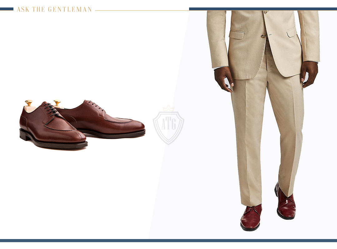 How to wear a tan suit with burgundy dress shoes