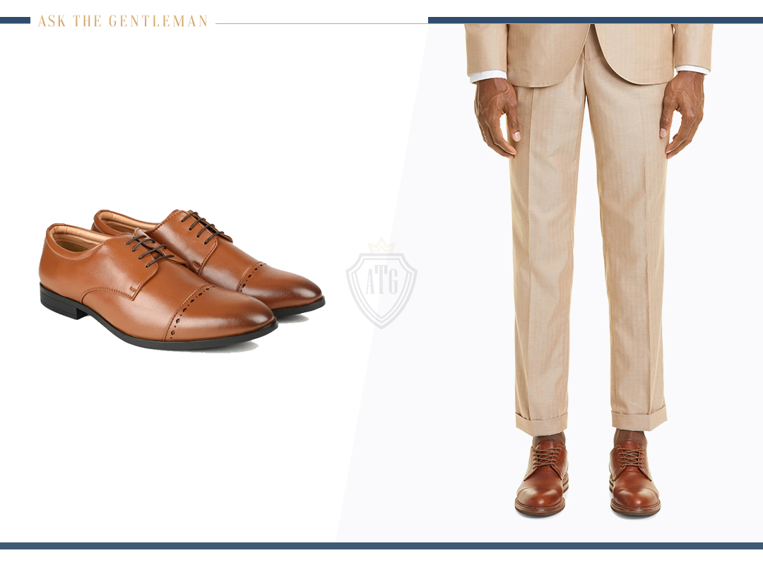 How to wear a tan suit with light brown dress shoes