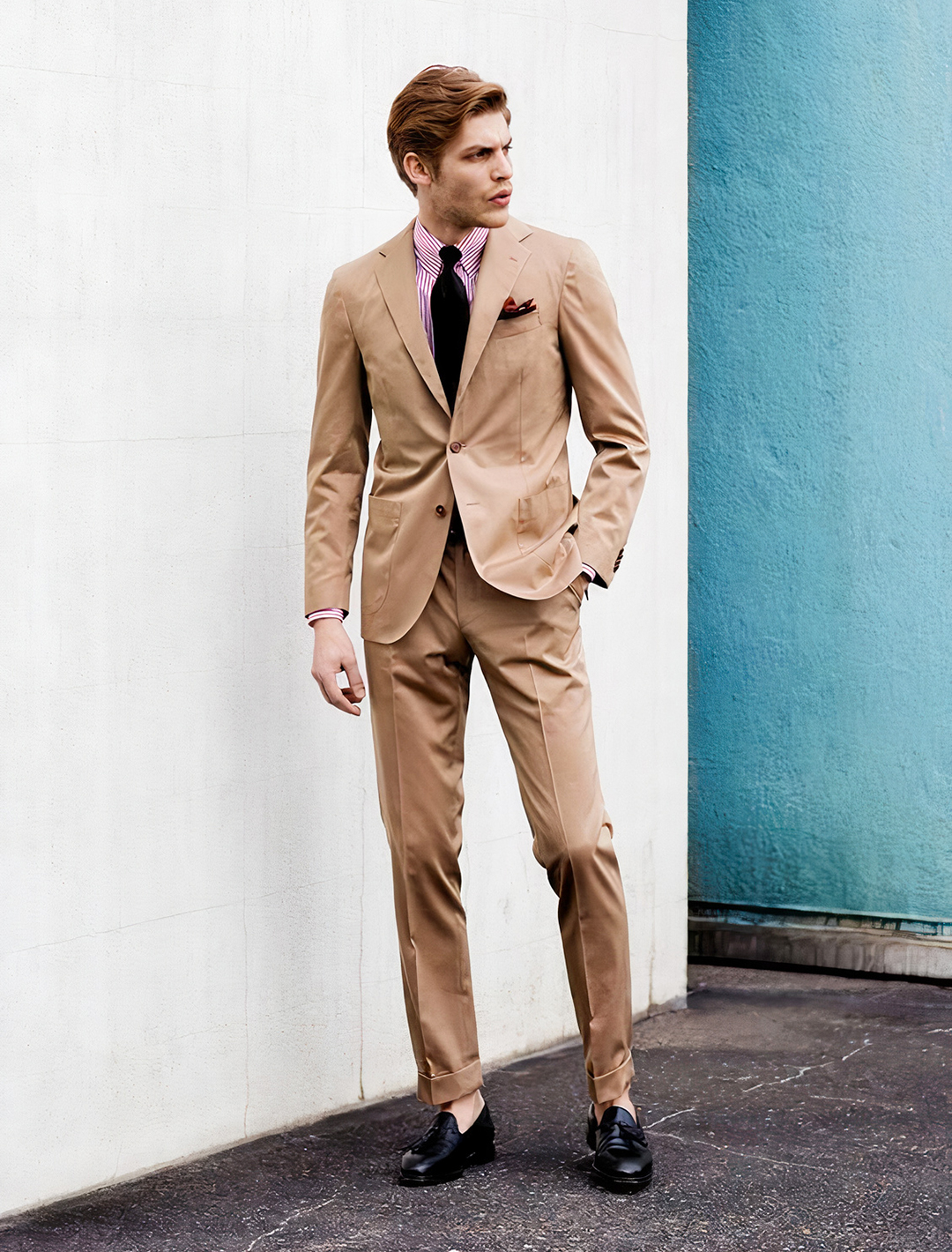 how to wear a tan suit with a light-pink-striped shirt