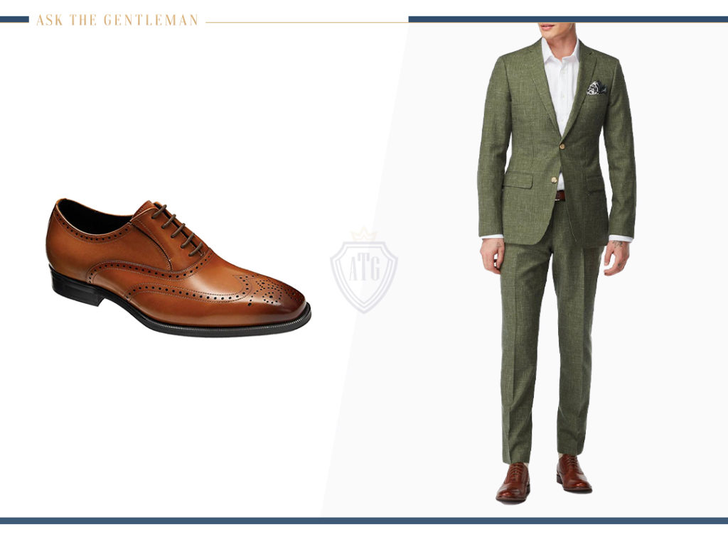 How to wear an olive green suit with brown Oxford brogue shoes