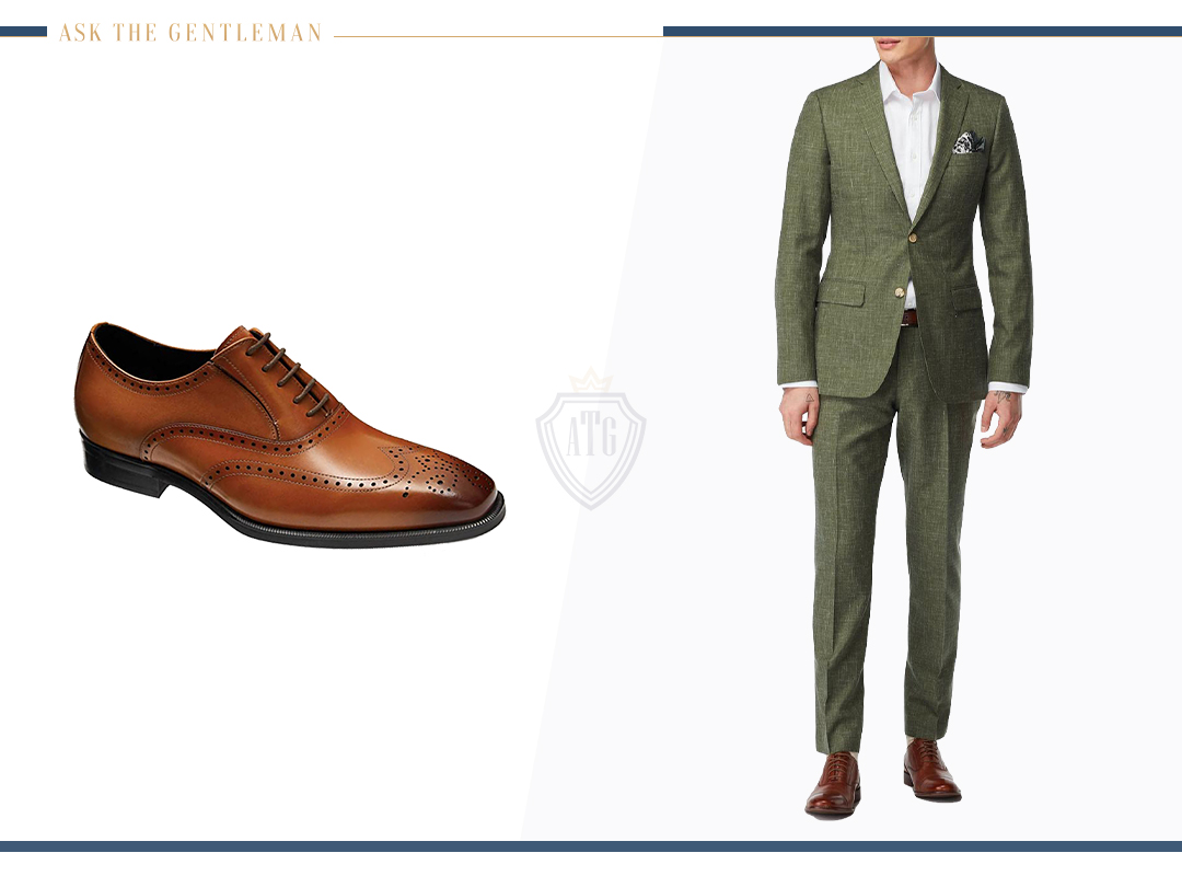 Olive green suit with brown Oxford brogue shoes