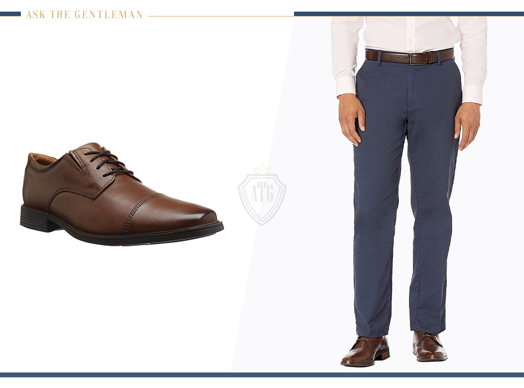 how to wear blue chino pants with brown derby dress shoes