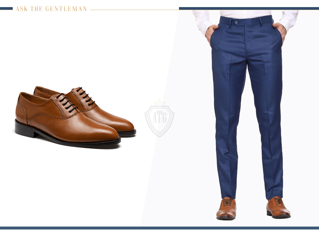 How to wear blue suit pants with light brown oxford shoes