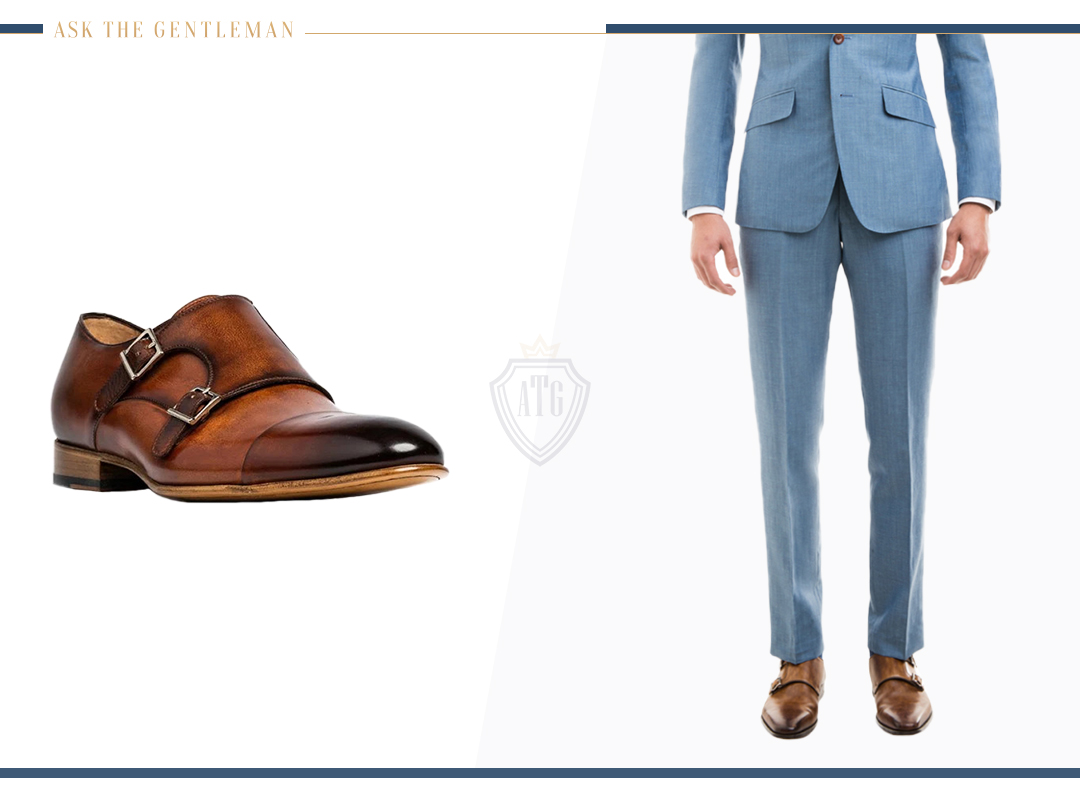 Matching a light blue suit with light brown monk straps