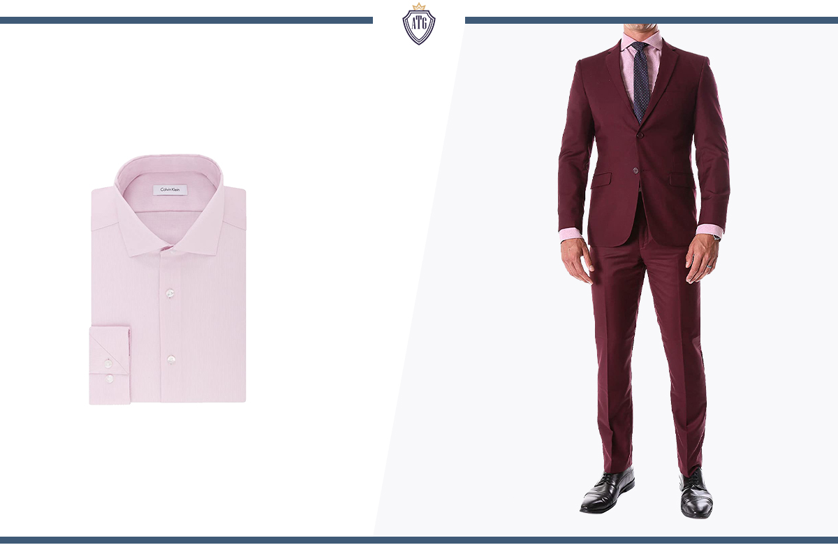 How to wear a burgundy suit with a light pink dress shirt