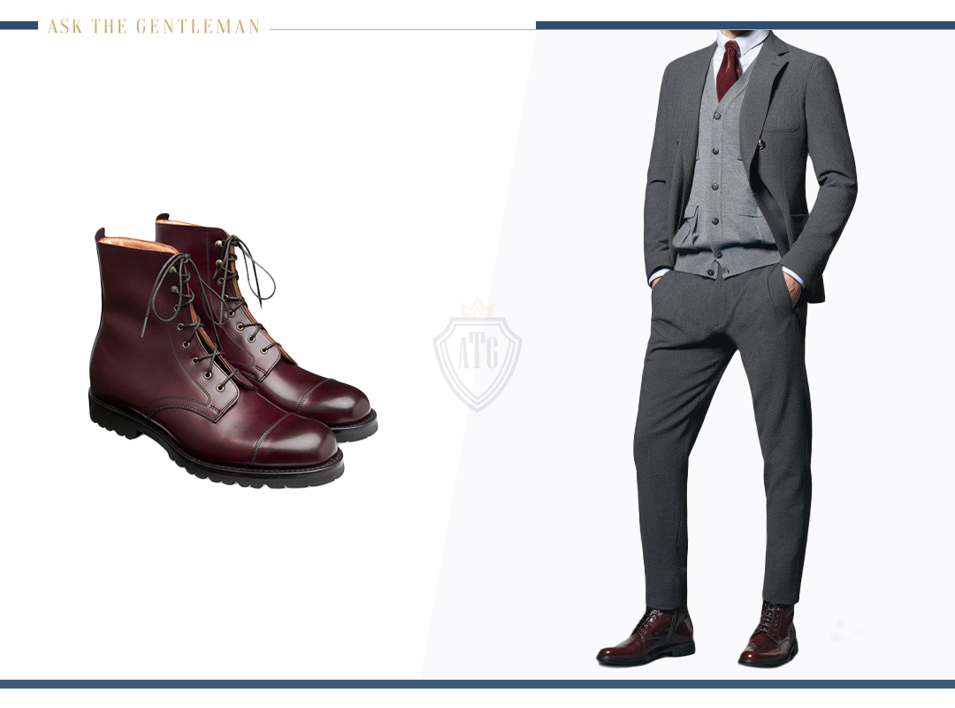 How to wear a charcoal grey suit with burgundy dress boots
