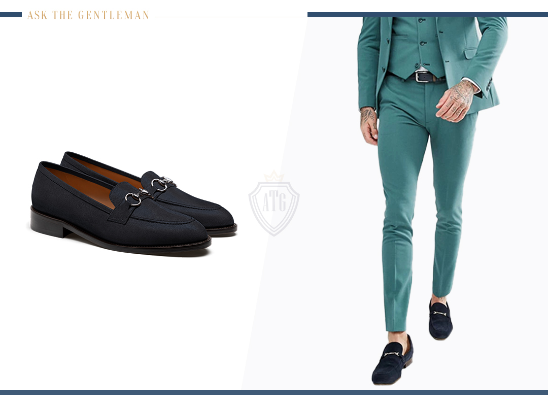 Slim-fit, no break emerald suit with navy suede loafers