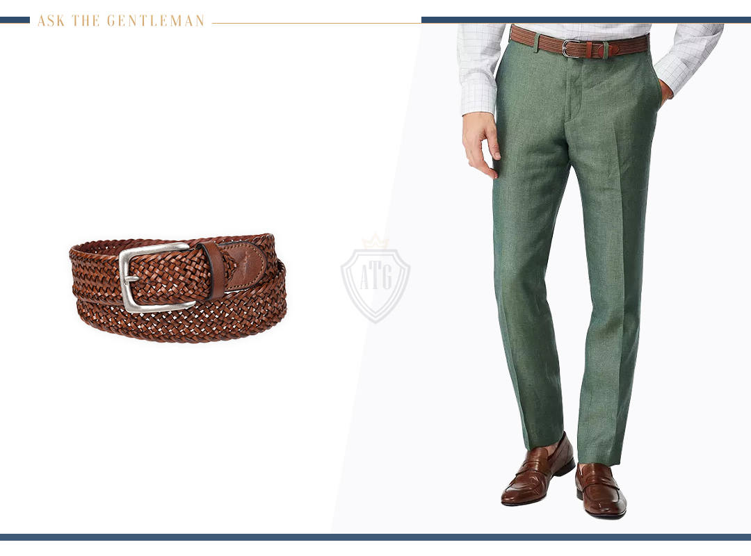 Green suit pants with a matching belt and shoes