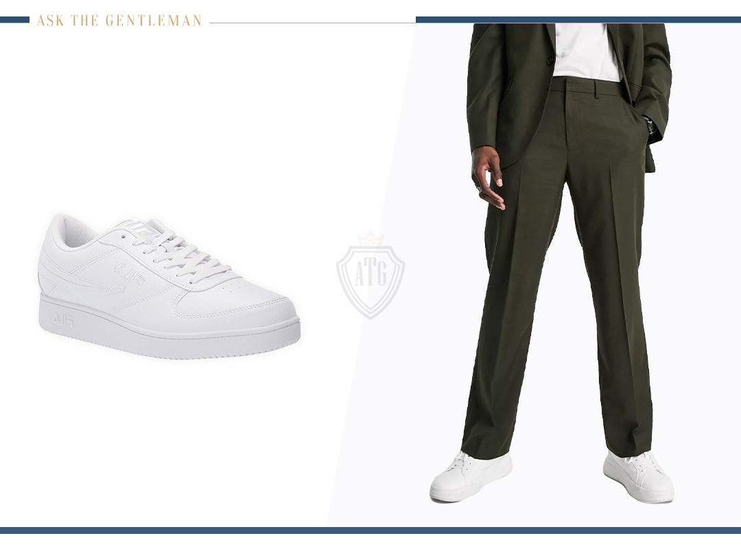 Green suit with casual white sneaker shoes