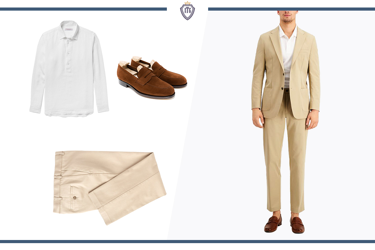 How to wear a khaki suit with a white t-shirt and brown loafers