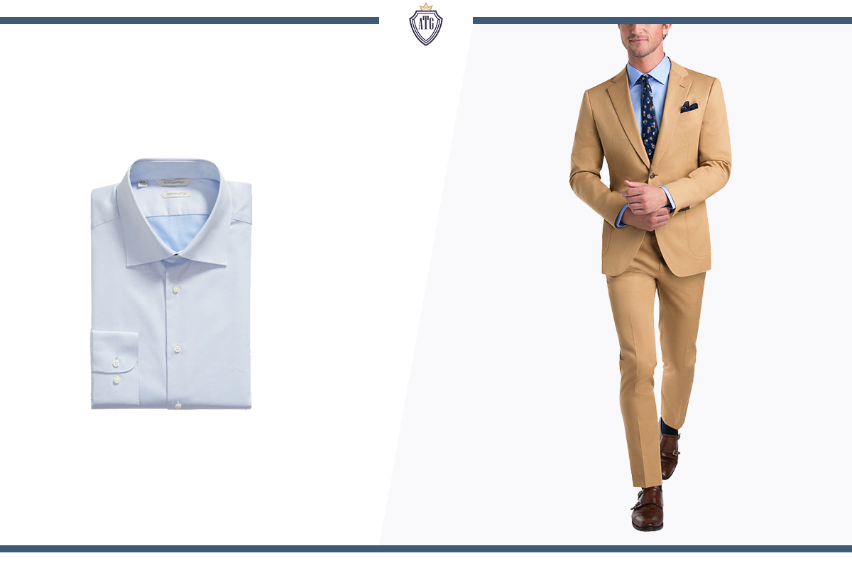 How to wear a khaki suit with a blue dress shirt