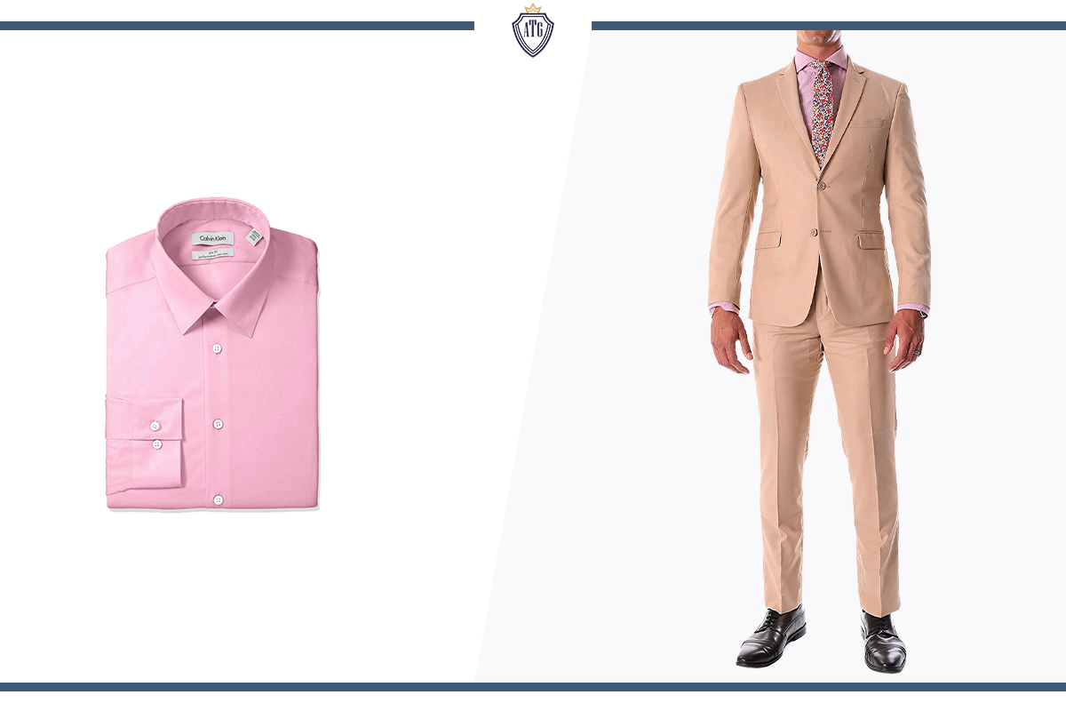 How to wear a khaki suit with a pink dress shirt