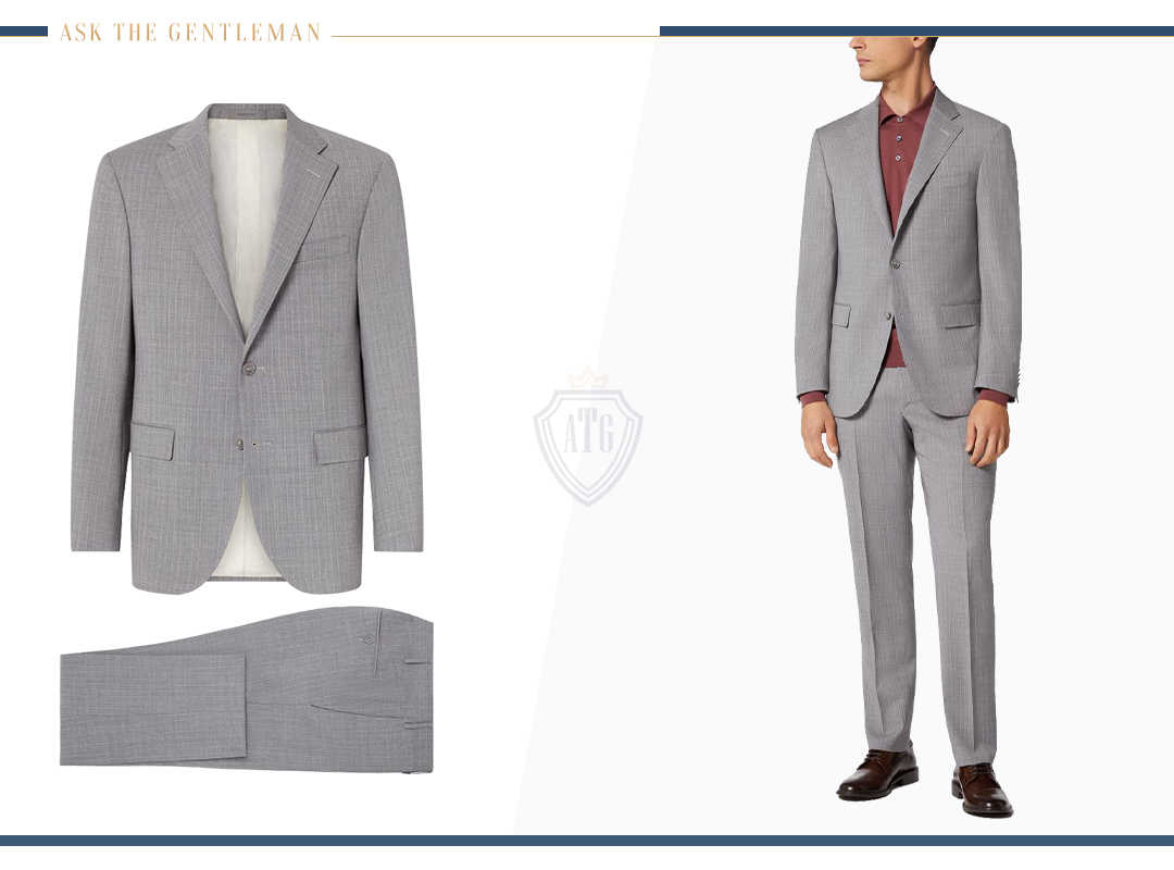 How to wear a light-grey wool suit with a red shirt in the summer