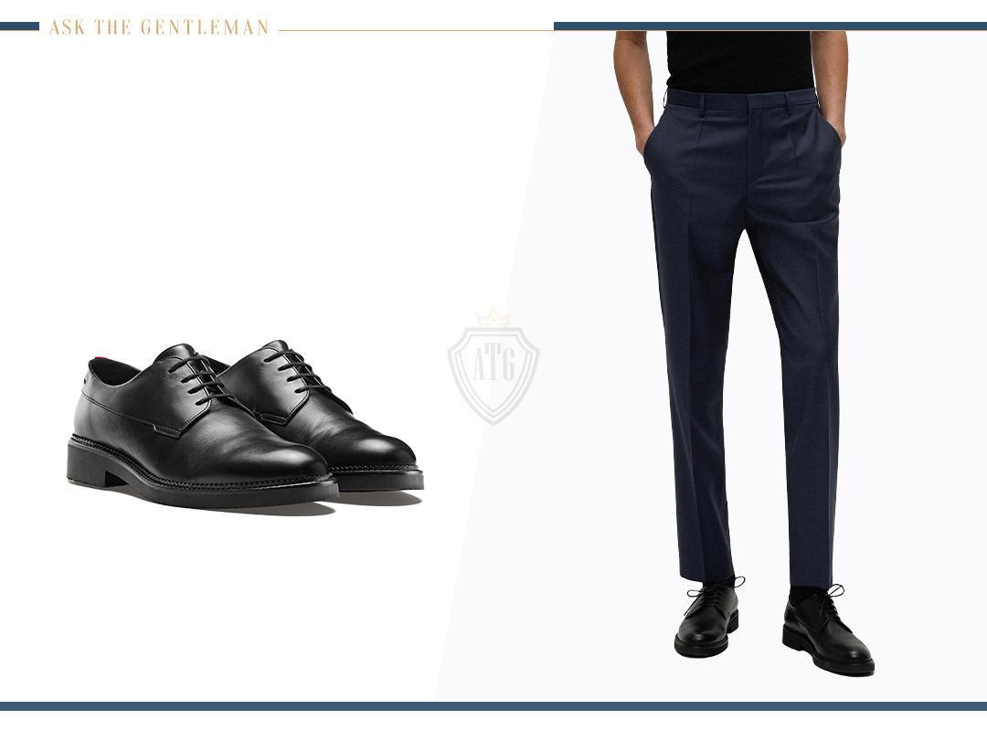 How to wear navy suit pants with black derby shoes casually