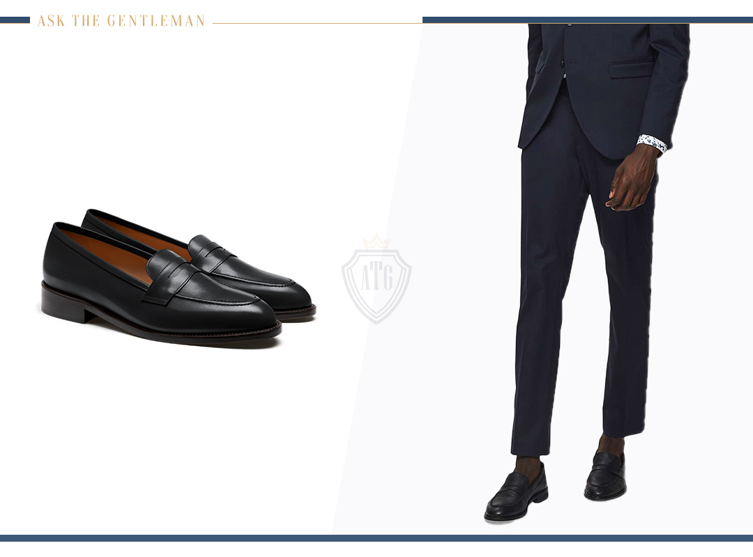 How to wear a navy suit with black loafers