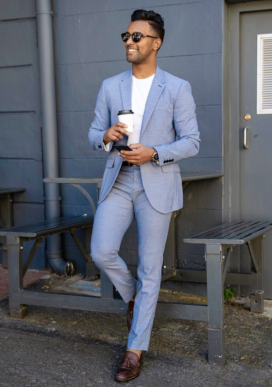 Light blue suit, white t-shirt, and dark brown loafers
