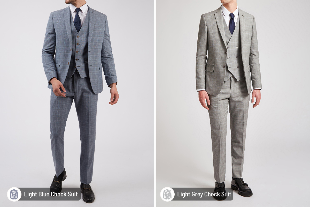 Light blue vs. light grey colors for a three-piece suit