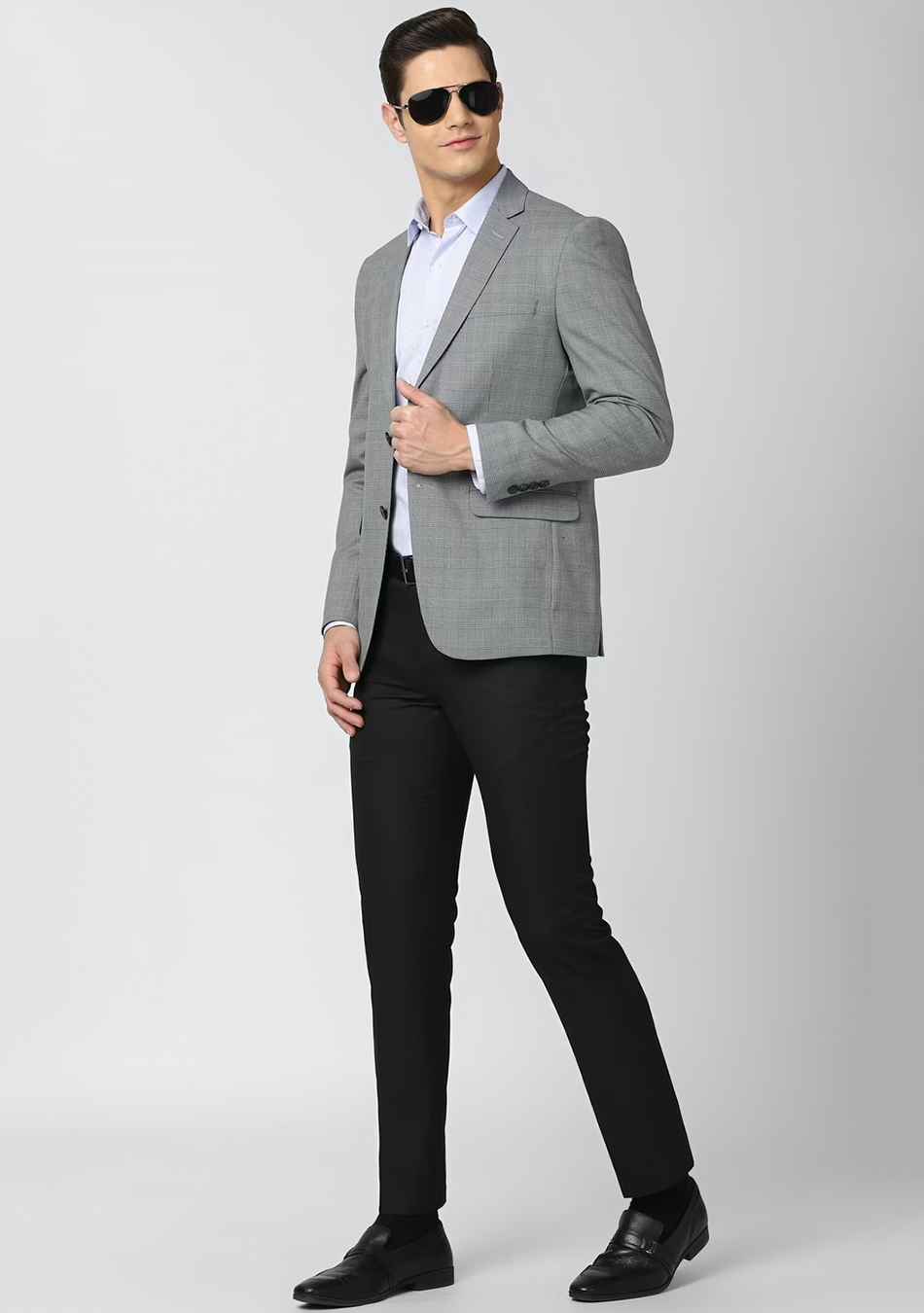 Light grey checkered blazer, light blue dress shirt, black dress pants, and black loafers