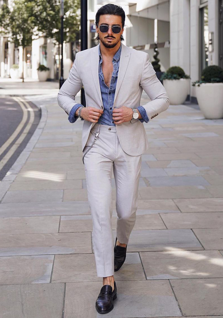 Navy Blue Hopsack Suit with Denim Shirt | He Spoke Style