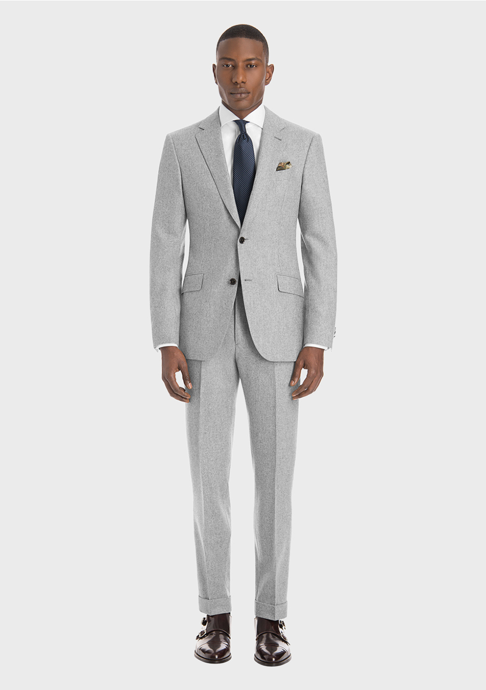 light grey suit white dress shirt charcoal dotted tie and brown monk strap shoes