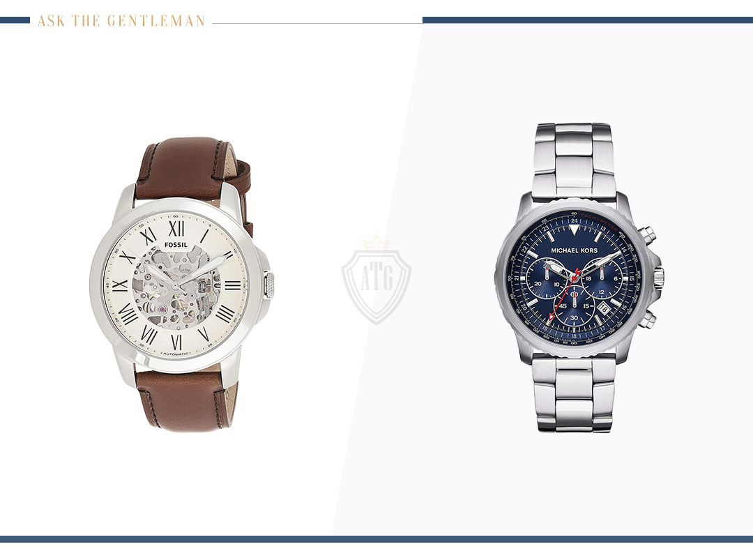 Match a tan suit with a brown leather dress watch vs. a silver metal watch