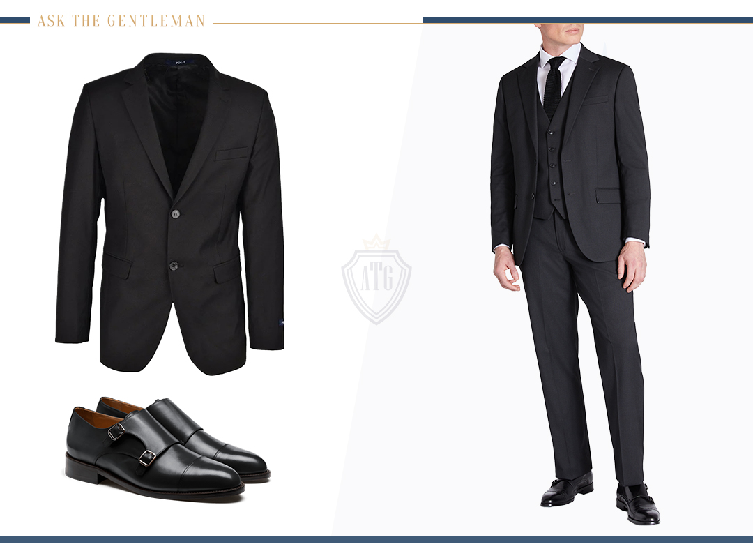 Matching a black three-piece suit with black monk straps