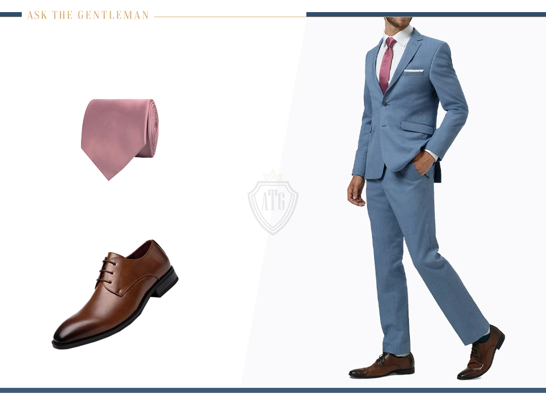 Matching a sky blue suit with a pink tie and brown derby shoes