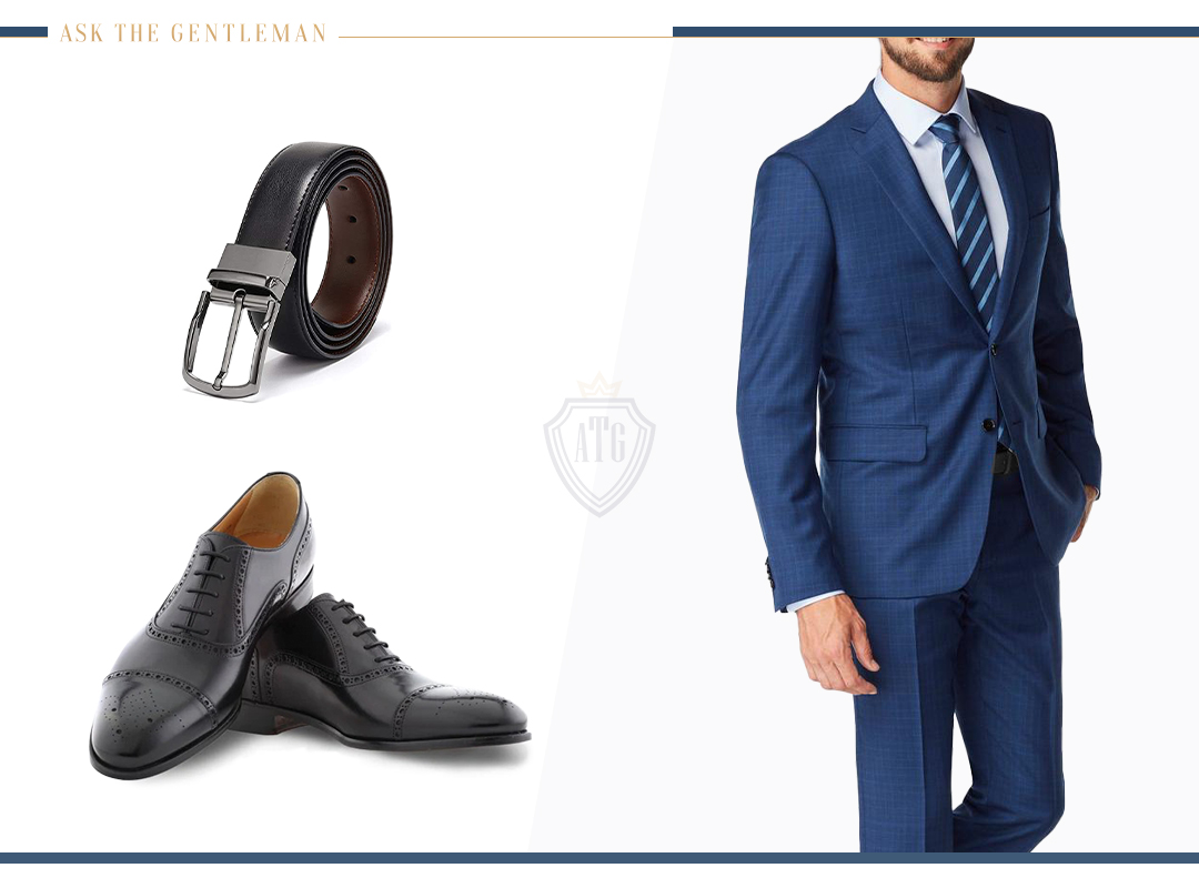 Matching a true blue suit with black belt and black shoes